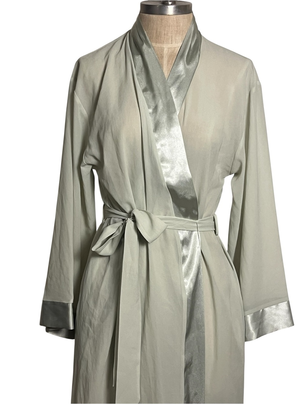 Vintage Halston Sage Green Satin Trim Wrap Robe Duster Maxi Sheer Jacket M - Picture 2 of 12